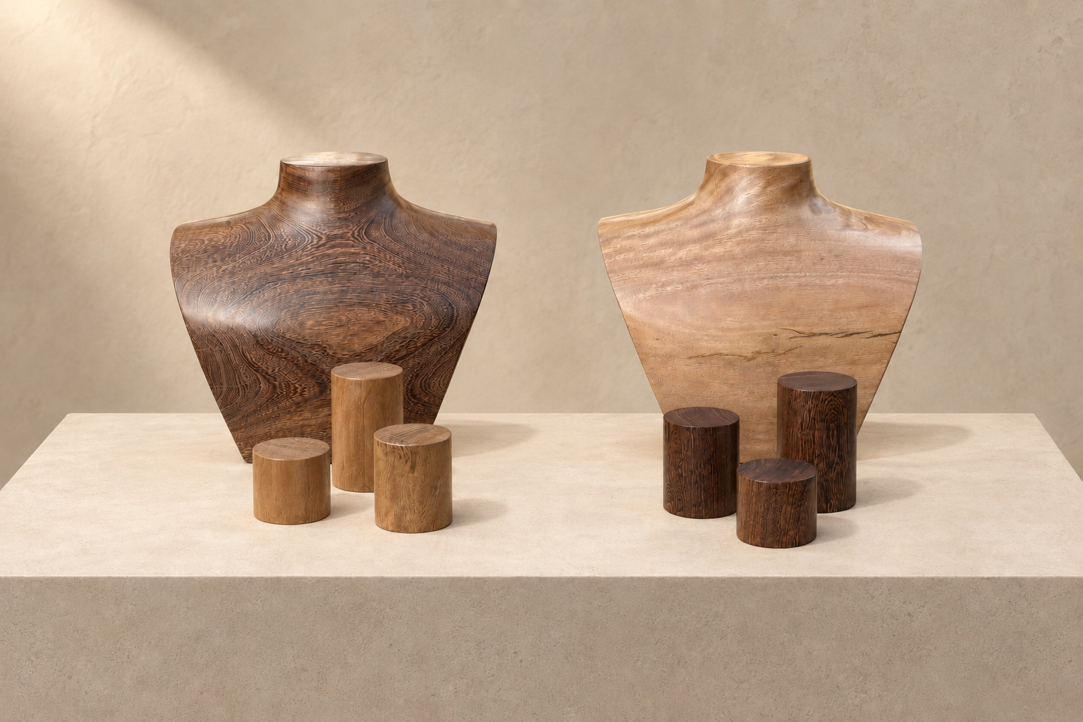 Ten carved hardwood busts and six ring mounts made for QAGOMA by John Helle-Nielsen